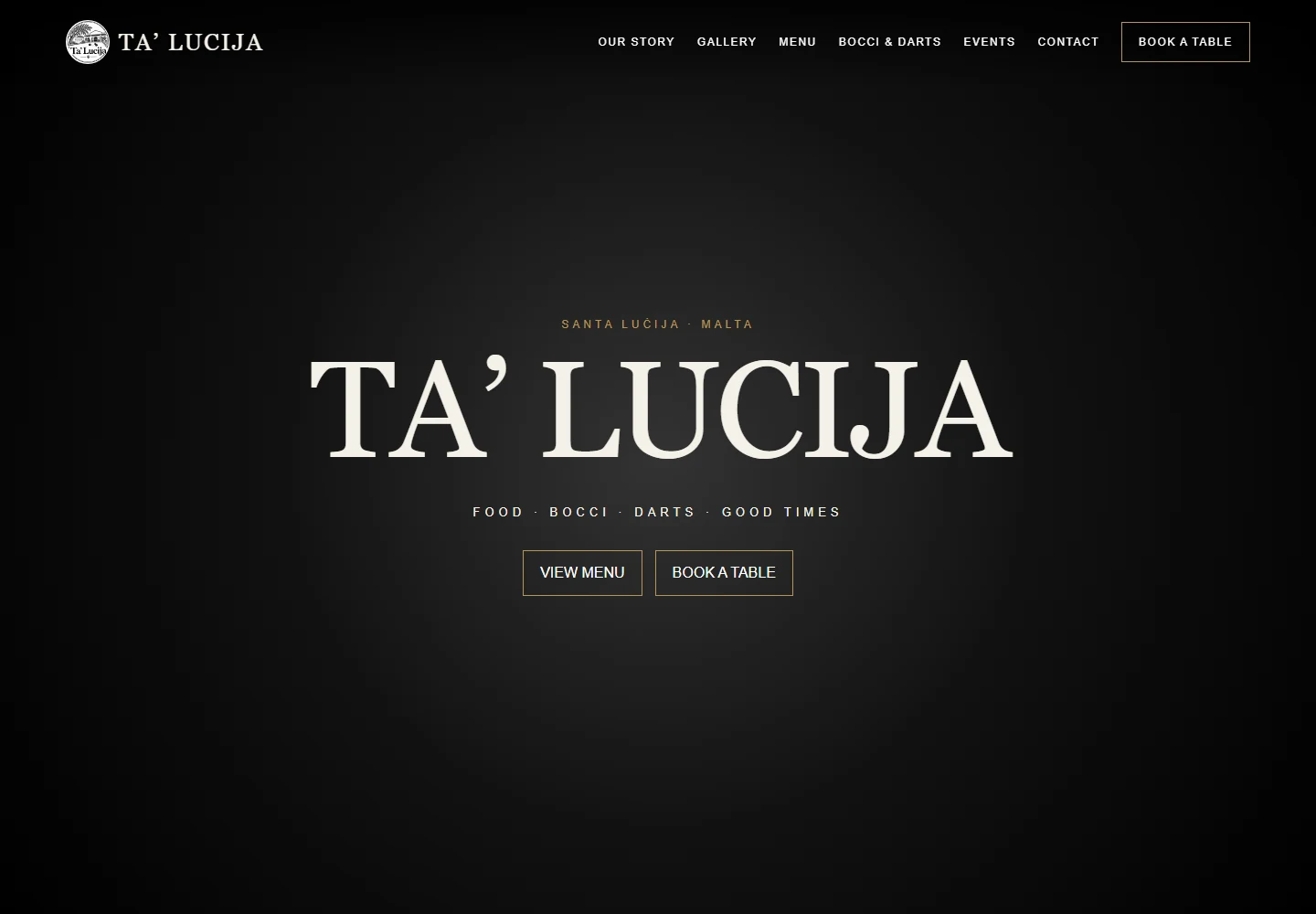 Screenshot of the published Ta’ Lucija homepage, with its black and gold design, restaurant navigation, and menu and table booking links.